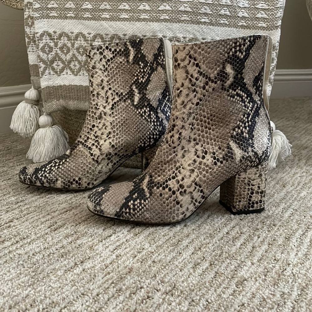 Free People Taupe and Black Snake-Print Block Heel Ankle Boots